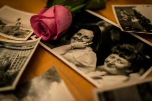 Rosa sobre fotografias antigas em preto e branco com lembranças de família.
