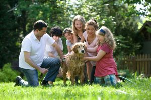 Família reunida em um jardim acariciando um cachorro da raça Golden Retriever durante um momento de lazer ao ar livre.