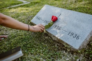 Pessoa colocando uma rosa vermelha sobre uma lápide em um cemitério.